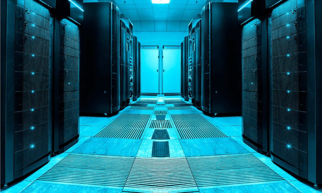 Blue-lit enterprise server room